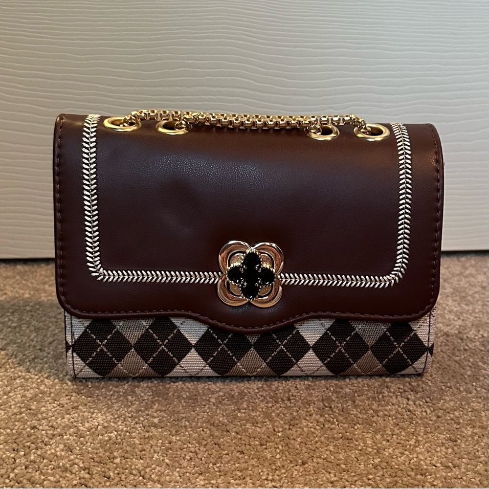 Tri-Tone Brown/Tan/Cream Argyle Shoulder Bag NWOT
